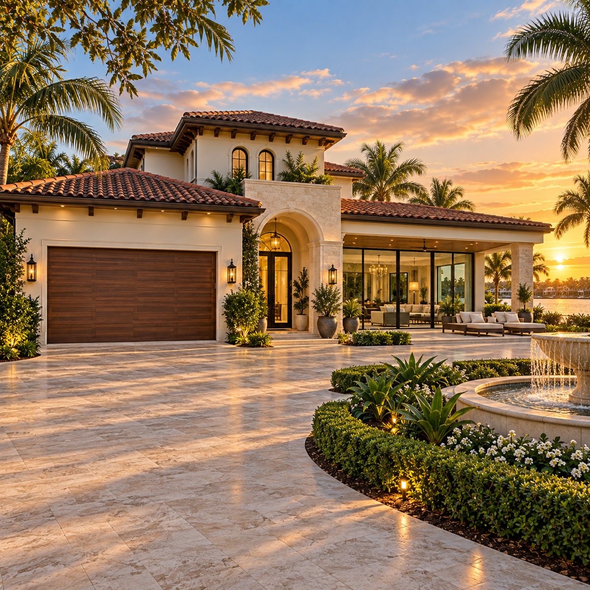 Illustrative Mediterranean Florida home with garage and sliding doors