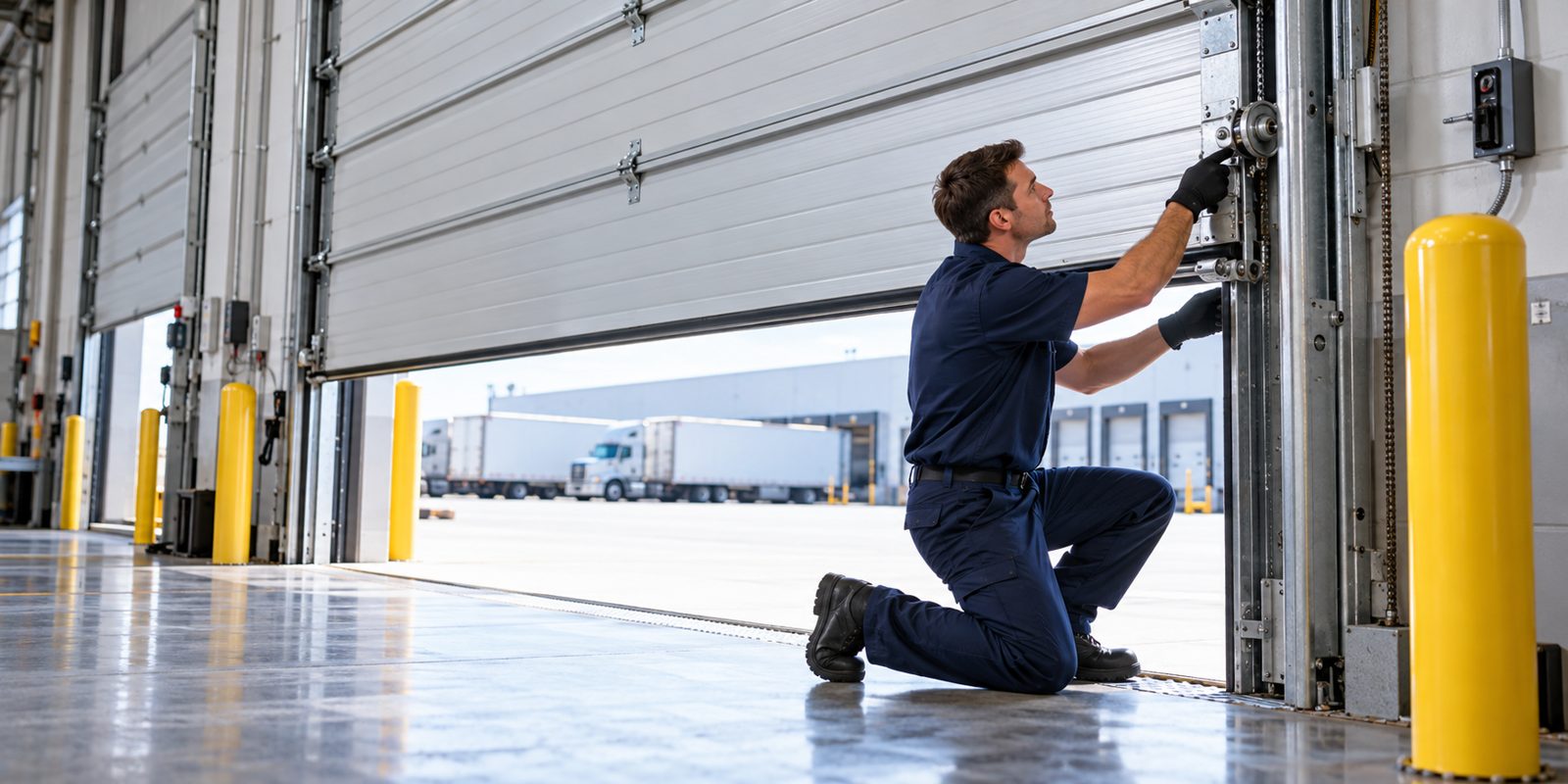 Illustrative technician servicing a commercial overhead door
