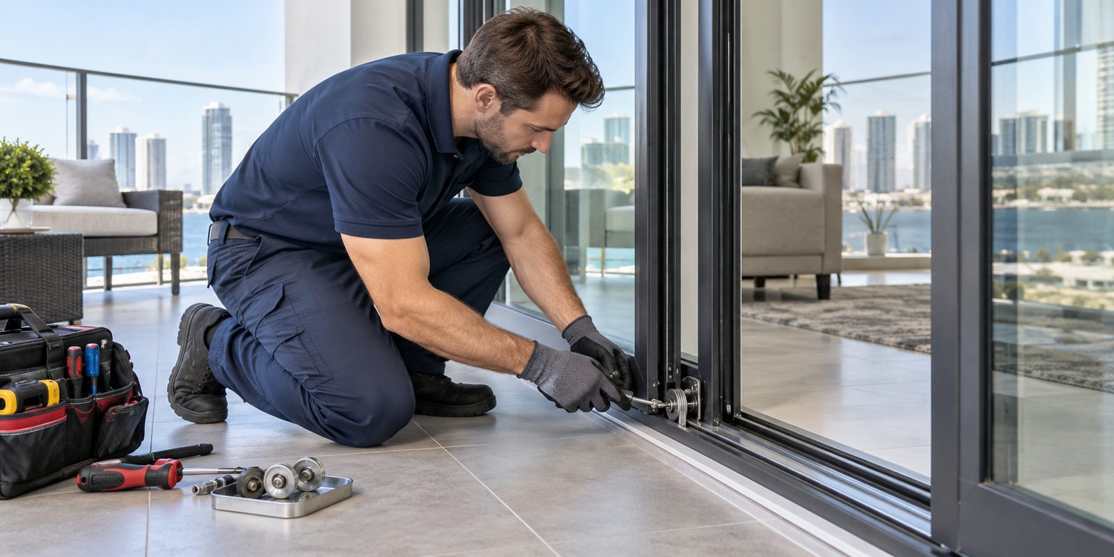 Illustrative technician adjusting commercial sliding door hardware