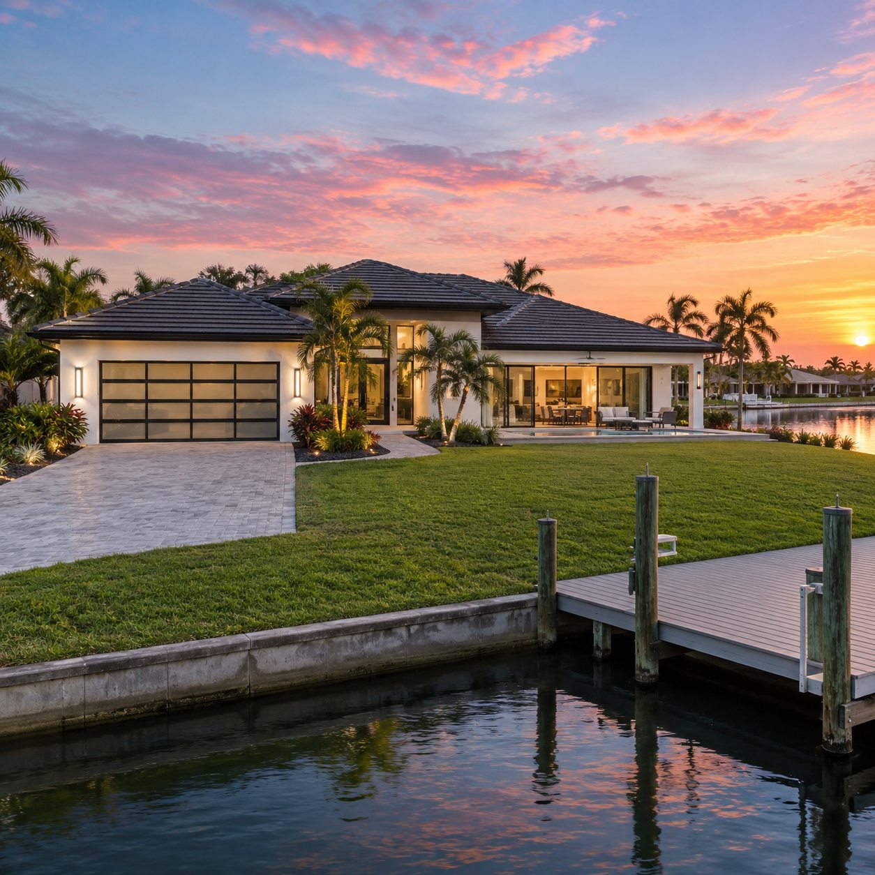 Illustrative Florida home with garage and glass doors by the water