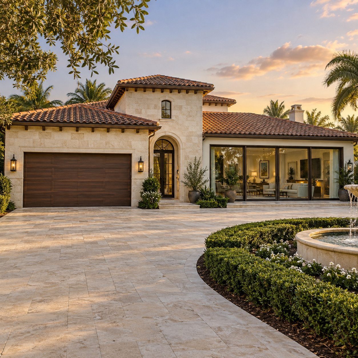 Illustrative Mediterranean home with wood-tone garage door and sliding doors
