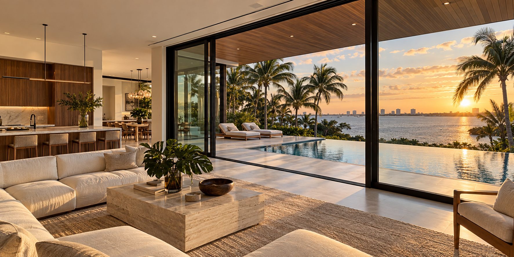Illustrative sliding glass doors framing a waterfront view at sunset