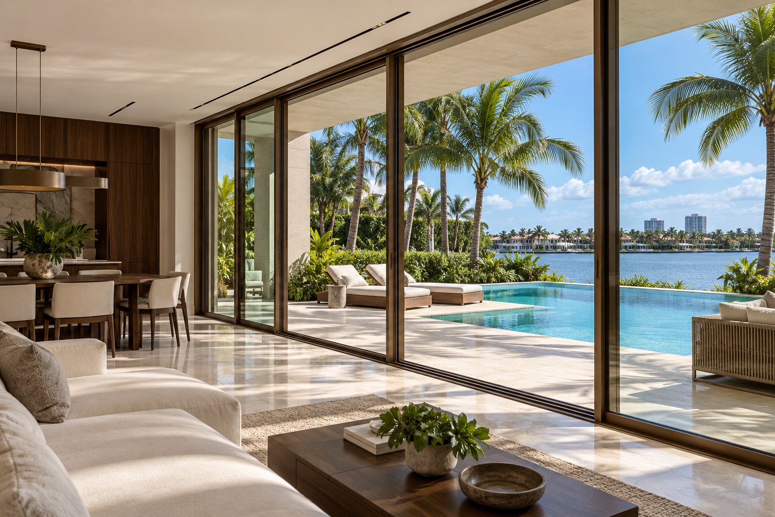 Illustrative contemporary sliding glass doors opening onto a Florida terrace